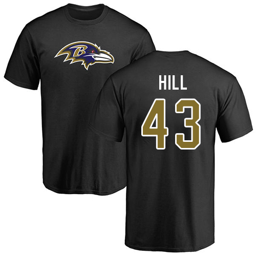 Men Baltimore Ravens Black Justice Hill Name and Number Logo NFL Football #43 T Shirt